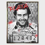Obraz na płótnie Pablo Plata o Plomo z Pablem Escobarem na tle banknotów, w stylu street-art i pop-art.