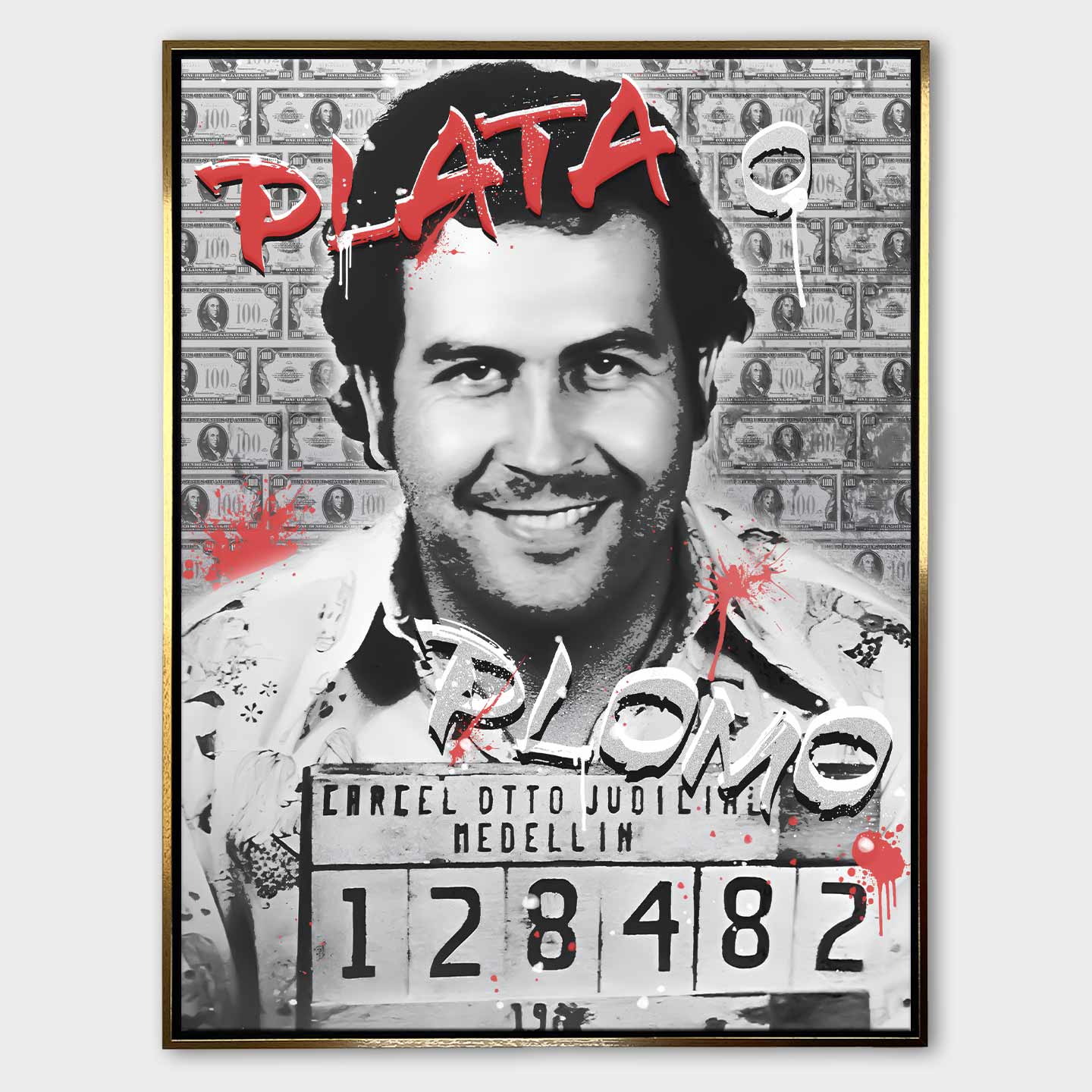Obraz na płótnie Pablo Plata o Plomo z Pablem Escobarem na tle banknotów, w stylu street-art i pop-art.