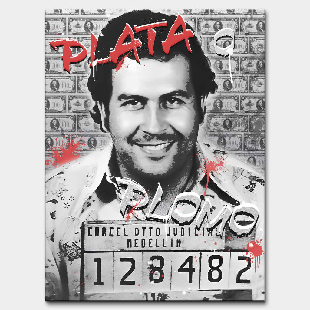 Obraz na płótnie Pablo Plata o Plomo z Pablem Escobarem na tle banknotów, w stylu street-art i pop-art.
