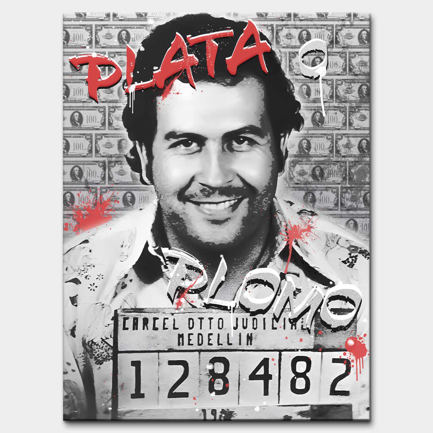Obraz na płótnie Pablo Plata o Plomo z Pablem Escobarem na tle banknotów, w stylu street-art i pop-art.