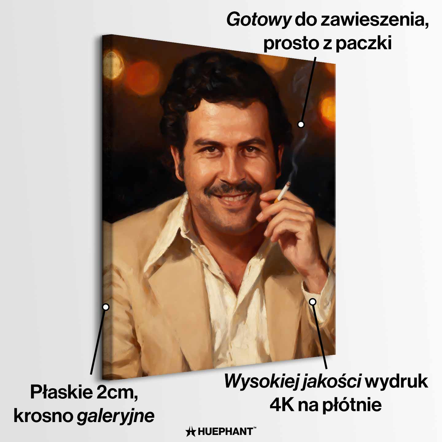 Obraz na płótnie „Pablo Portrait” – portret Pablo Escobara w beżowej marynarce z papierosem, symbol siły i odwagi.
