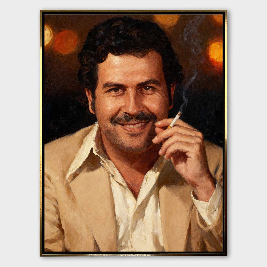 Obraz na płótnie „Pablo Portrait” – portret Pablo Escobara w beżowej marynarce z papierosem, symbol siły i odwagi.