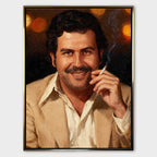 Obraz na płótnie „Pablo Portrait” – portret Pablo Escobara w beżowej marynarce z papierosem, symbol siły i odwagi.