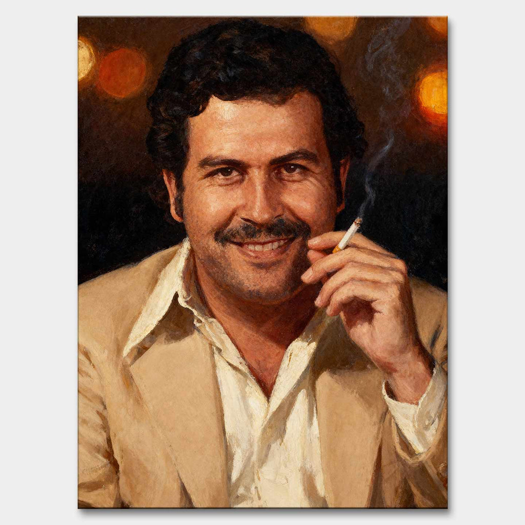 Obraz na płótnie „Pablo Portrait” – portret Pablo Escobara w beżowej marynarce z papierosem, symbol siły i odwagi.