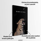 Obraz na płótnie przedstawiający ryczącą panterę z napisem Born To Win, wydruk galeryjny w stylu motywacyjnym, czarne tło, sztuka nowoczesna Huephant.