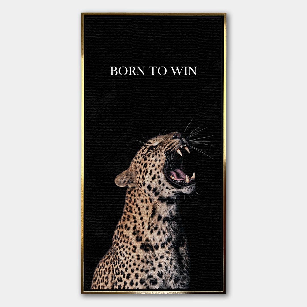 Obraz na płótnie przedstawiający ryczącą panterę z napisem Born To Win, wydruk galeryjny w stylu motywacyjnym, czarne tło, sztuka nowoczesna Huephant.