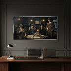 Obraz na płótnie Peaky Blinders The Family Table. Thomas Shelby, Arthur Shelby, Polly Gray. Wydruk galeryjny w mrocznym, luksusowym klimacie. Nowoczesna sztuka ścienna i ekskluzywna dekoracja.