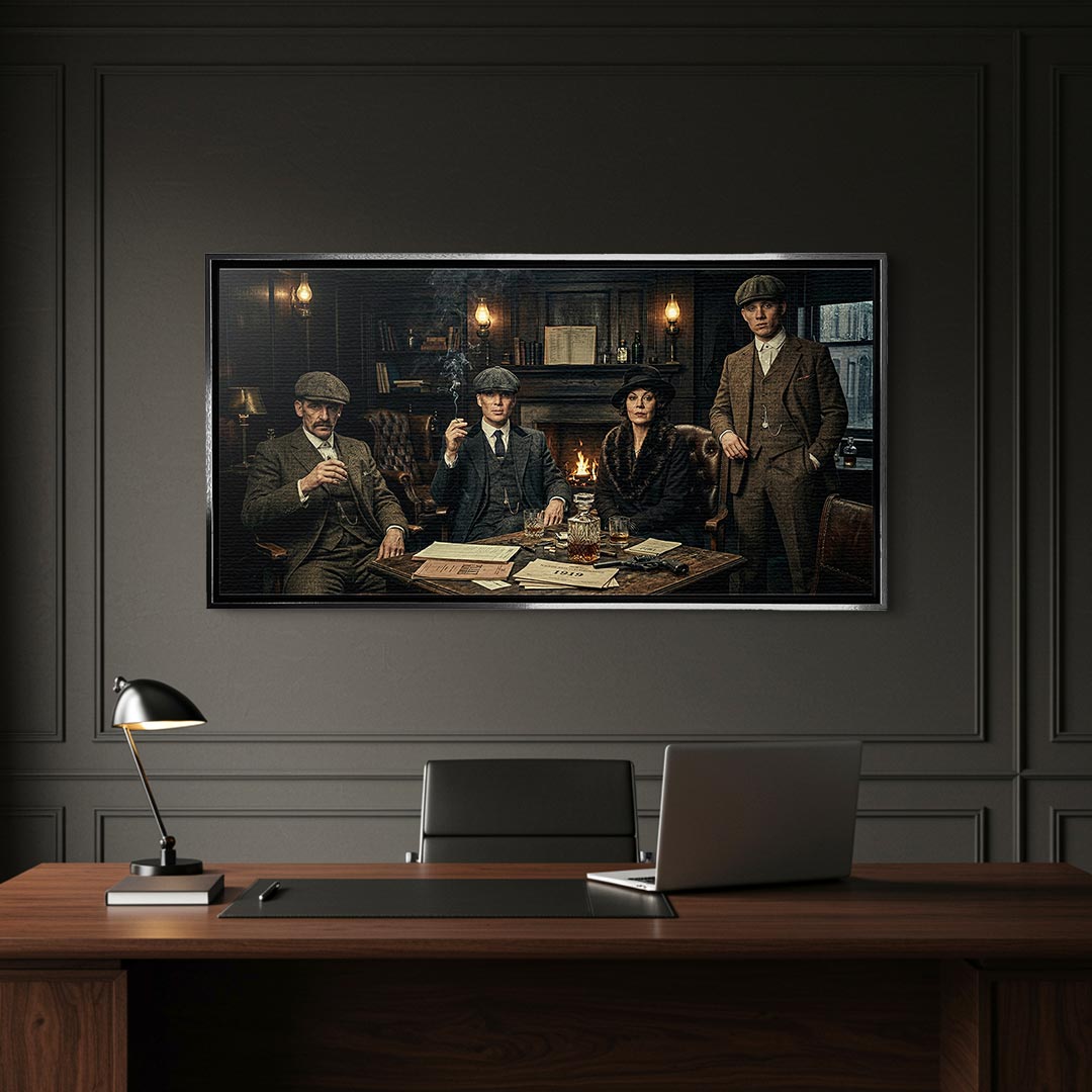 Obraz na płótnie Peaky Blinders The Family Table. Thomas Shelby, Arthur Shelby, Polly Gray. Wydruk galeryjny w mrocznym, luksusowym klimacie. Nowoczesna sztuka ścienna i ekskluzywna dekoracja.