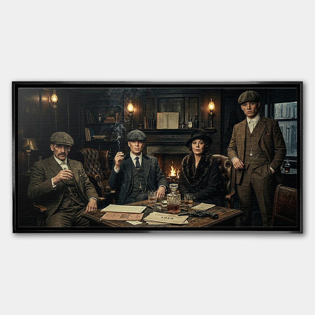 Obraz na płótnie Peaky Blinders The Family Table. Thomas Shelby, Arthur Shelby, Polly Gray. Wydruk galeryjny w mrocznym, luksusowym klimacie. Nowoczesna sztuka ścienna i ekskluzywna dekoracja.
