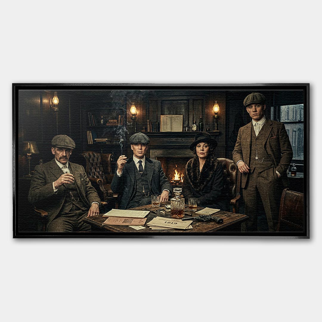 Obraz na płótnie Peaky Blinders The Family Table. Thomas Shelby, Arthur Shelby, Polly Gray. Wydruk galeryjny w mrocznym, luksusowym klimacie. Nowoczesna sztuka ścienna i ekskluzywna dekoracja.