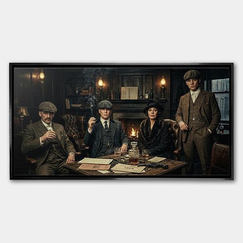 Obraz na płótnie Peaky Blinders The Family Table. Thomas Shelby, Arthur Shelby, Polly Gray. Wydruk galeryjny w mrocznym, luksusowym klimacie. Nowoczesna sztuka ścienna i ekskluzywna dekoracja.