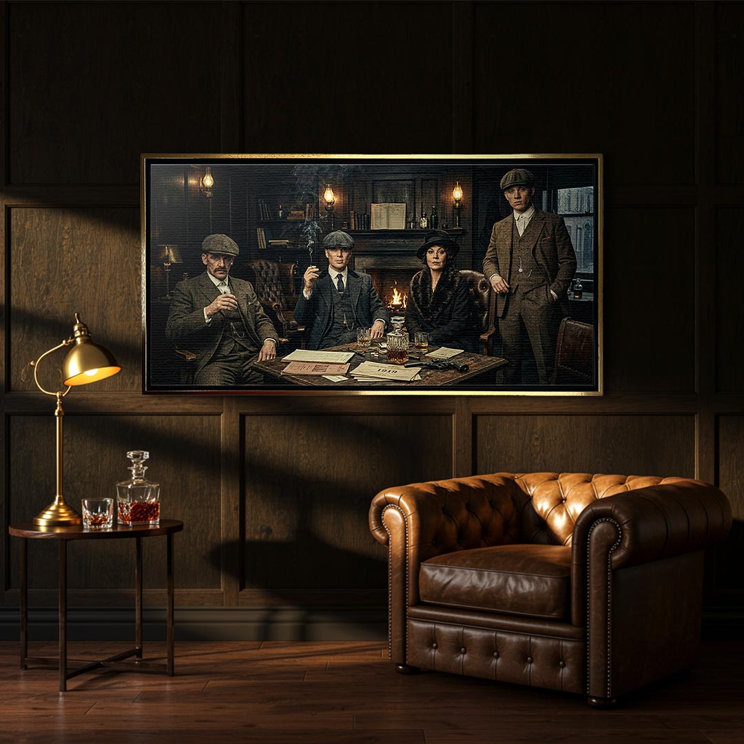 Obraz na płótnie Peaky Blinders The Family Table. Thomas Shelby, Arthur Shelby, Polly Gray. Wydruk galeryjny w mrocznym, luksusowym klimacie. Nowoczesna sztuka ścienna i ekskluzywna dekoracja.