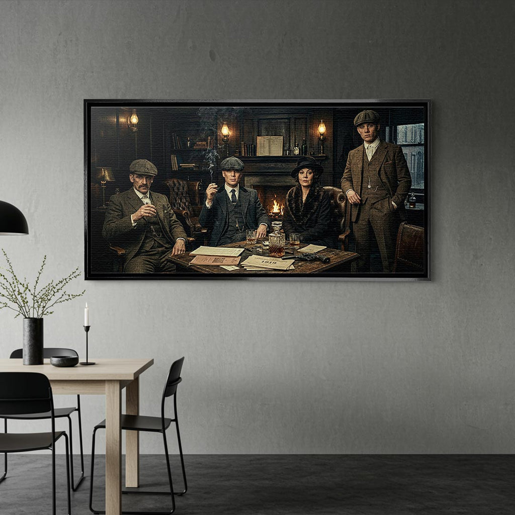 Obraz na płótnie Peaky Blinders The Family Table. Thomas Shelby, Arthur Shelby, Polly Gray. Wydruk galeryjny w mrocznym, luksusowym klimacie. Nowoczesna sztuka ścienna i ekskluzywna dekoracja.