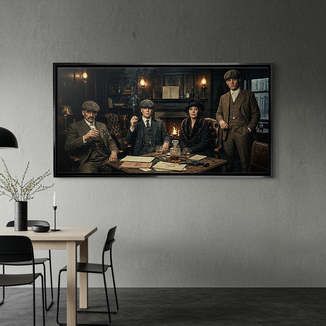 Obraz na płótnie Peaky Blinders The Family Table. Thomas Shelby, Arthur Shelby, Polly Gray. Wydruk galeryjny w mrocznym, luksusowym klimacie. Nowoczesna sztuka ścienna i ekskluzywna dekoracja.
