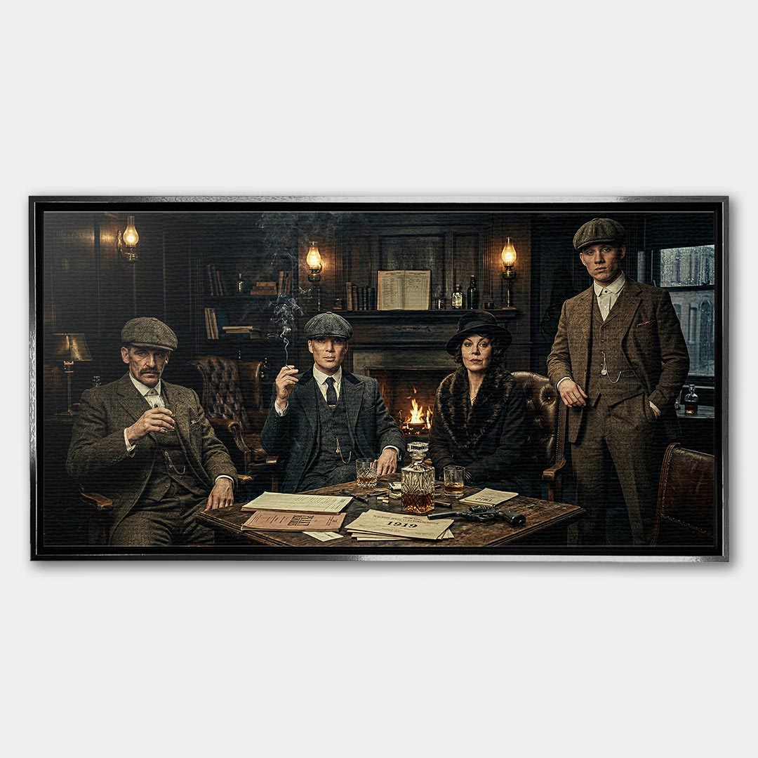 Obraz na płótnie Peaky Blinders The Family Table. Thomas Shelby, Arthur Shelby, Polly Gray. Wydruk galeryjny w mrocznym, luksusowym klimacie. Nowoczesna sztuka ścienna i ekskluzywna dekoracja.