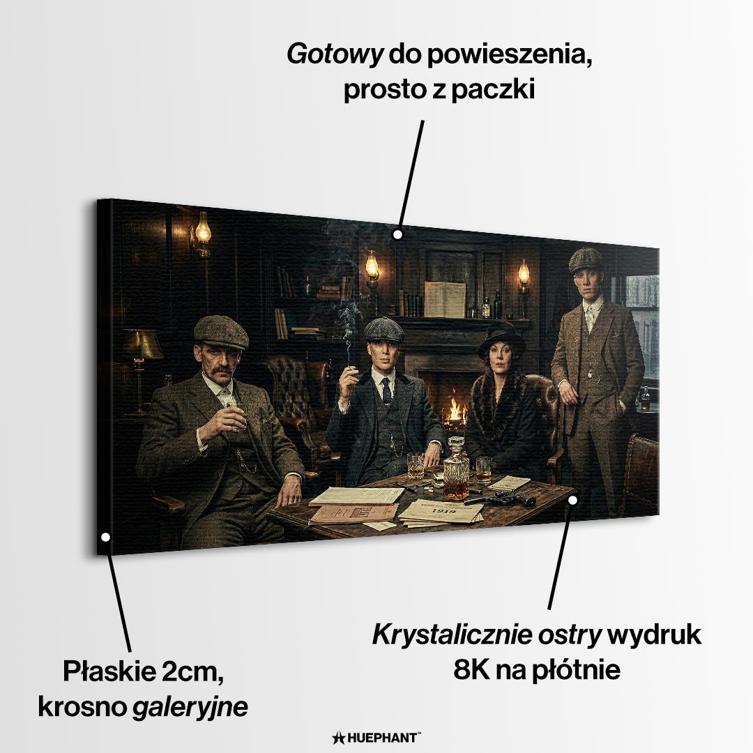 Obraz na płótnie Peaky Blinders The Family Table. Thomas Shelby, Arthur Shelby, Polly Gray. Wydruk galeryjny w mrocznym, luksusowym klimacie. Nowoczesna sztuka ścienna i ekskluzywna dekoracja.