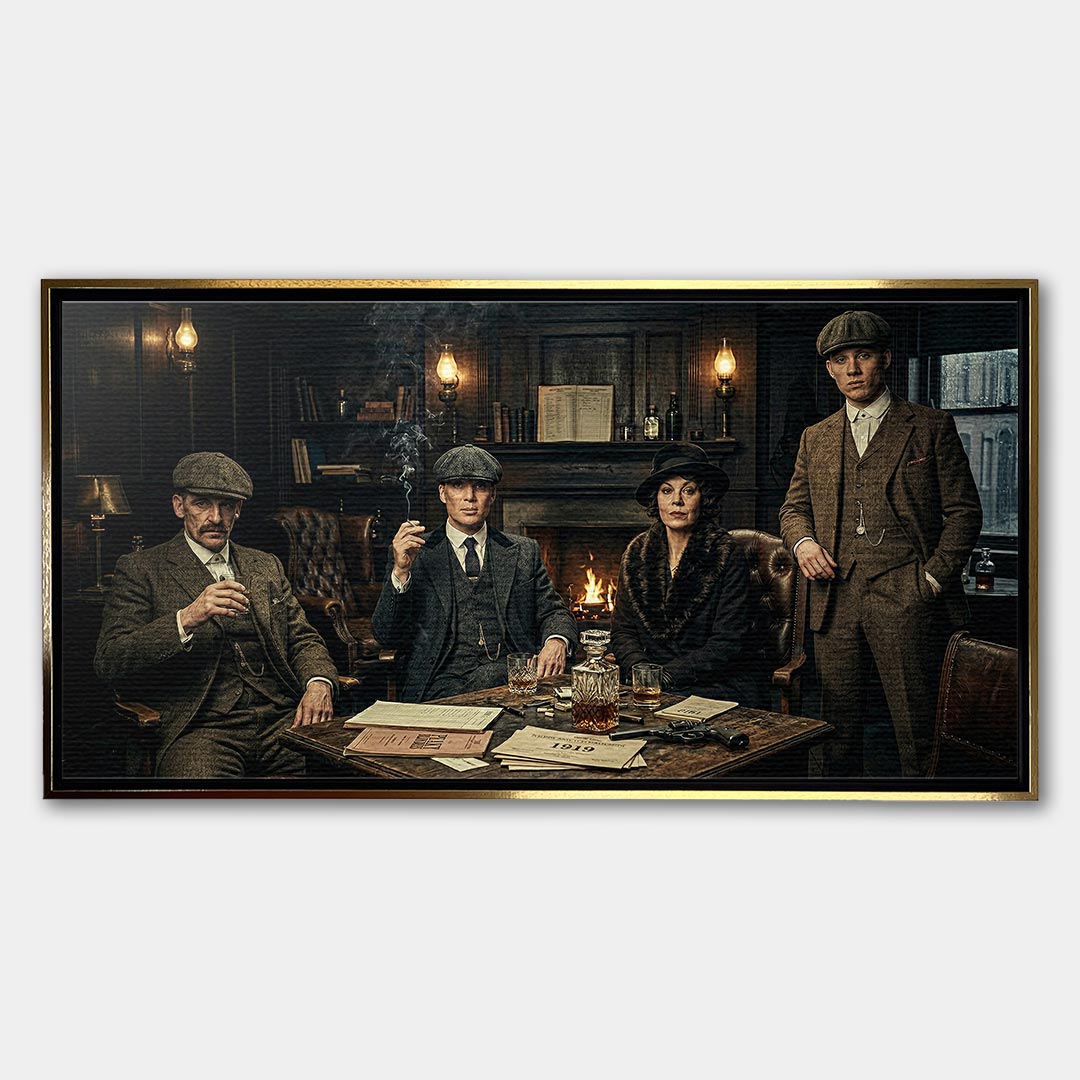 Obraz na płótnie Peaky Blinders The Family Table. Thomas Shelby, Arthur Shelby, Polly Gray. Wydruk galeryjny w mrocznym, luksusowym klimacie. Nowoczesna sztuka ścienna i ekskluzywna dekoracja.