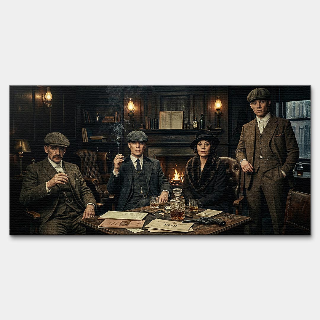 Obraz na płótnie Peaky Blinders The Family Table. Thomas Shelby, Arthur Shelby, Polly Gray. Wydruk galeryjny w mrocznym, luksusowym klimacie. Nowoczesna sztuka ścienna i ekskluzywna dekoracja.