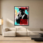 Nowoczesny obraz na płótnie Tommy Shelby z Peaky Blinders. Wydruk galeryjny pop art z czerwonymi napisami Fragile, turkusowym tłem i motywem graffiti.