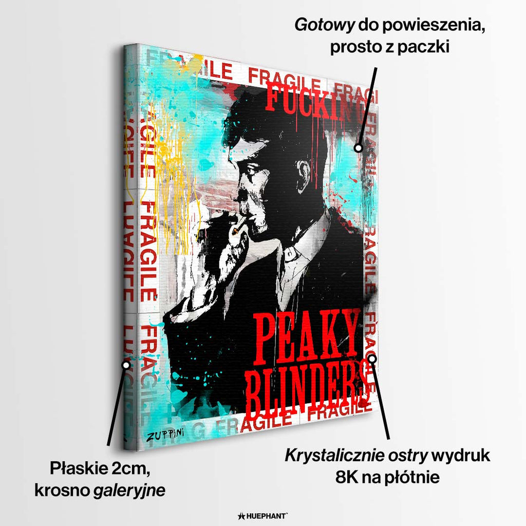 Nowoczesny obraz na płótnie Tommy Shelby z Peaky Blinders. Wydruk galeryjny pop art z czerwonymi napisami Fragile, turkusowym tłem i motywem graffiti.