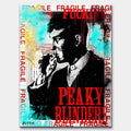 Nowoczesny obraz na płótnie Tommy Shelby z Peaky Blinders. Wydruk galeryjny pop art z czerwonymi napisami Fragile, turkusowym tłem i motywem graffiti.