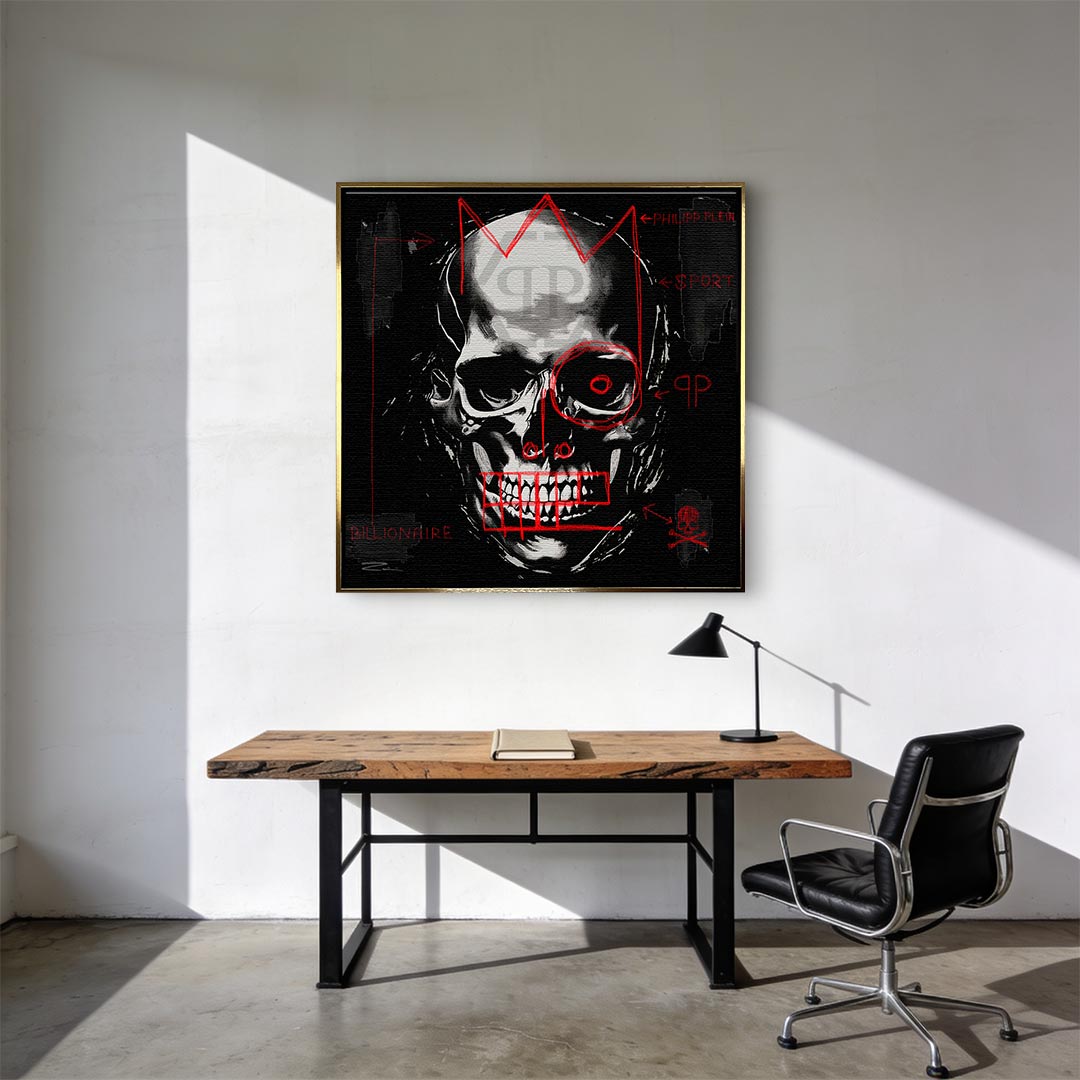 Nowoczesny obraz na płótnie Philipp Plein Billionaire. Mroczny wydruk galeryjny z czaszką i czerwonym graffiti, luksusowa sztuka do biura i salonu.