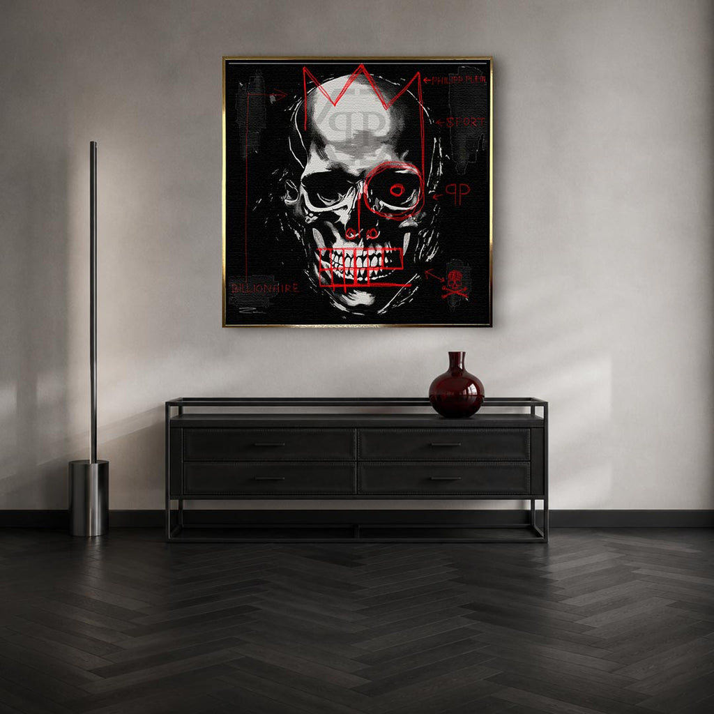Nowoczesny obraz na płótnie Philipp Plein Billionaire. Mroczny wydruk galeryjny z czaszką i czerwonym graffiti, luksusowa sztuka do biura i salonu.