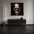 Nowoczesny obraz na płótnie Philipp Plein Billionaire. Mroczny wydruk galeryjny z czaszką i czerwonym graffiti, luksusowa sztuka do biura i salonu.