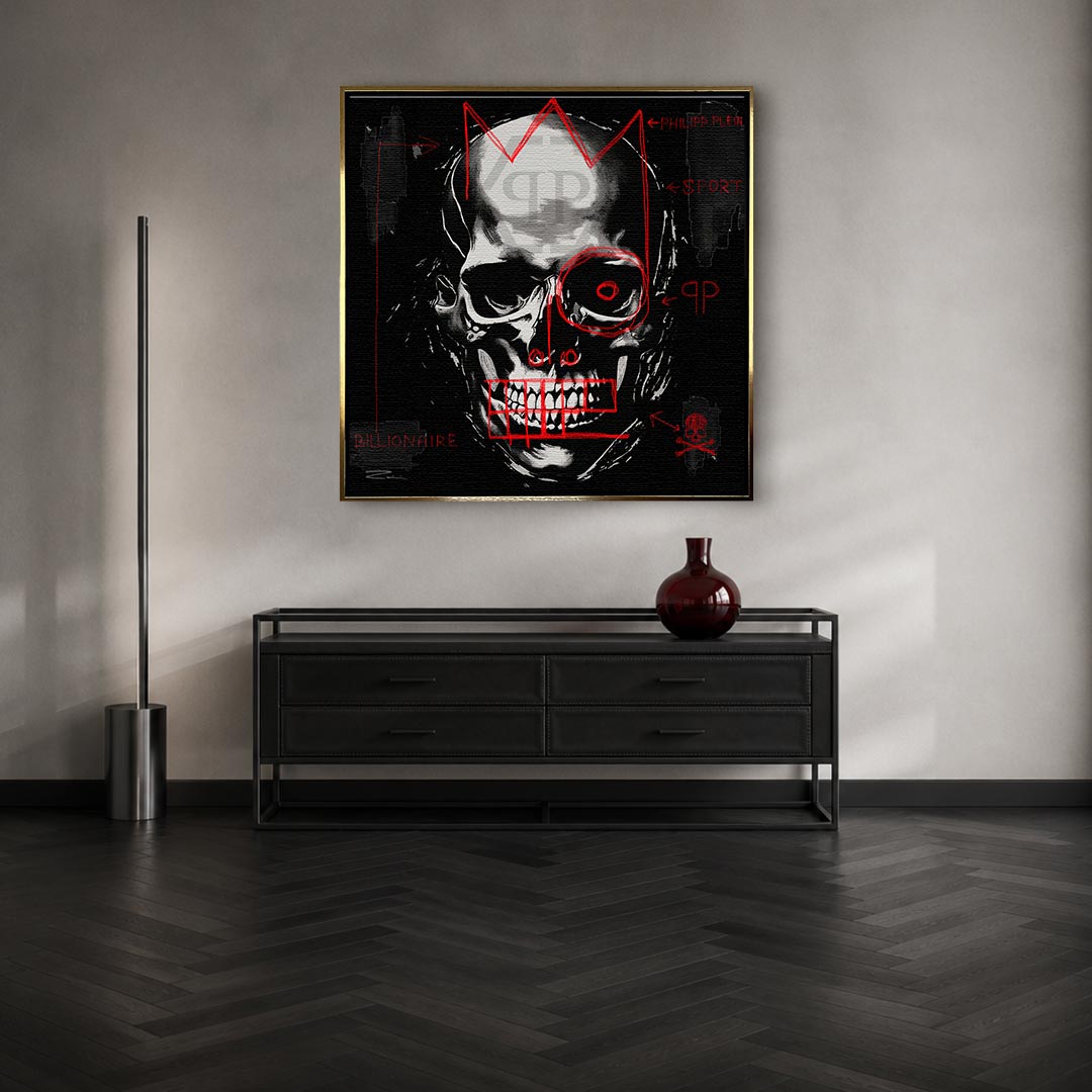 Nowoczesny obraz na płótnie Philipp Plein Billionaire. Mroczny wydruk galeryjny z czaszką i czerwonym graffiti, luksusowa sztuka do biura i salonu.