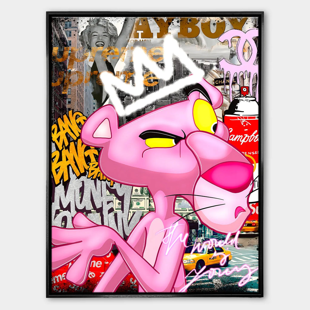 Obraz na płótnie „Pink Power Supreme” z Różową Panterą w stylu pop-art i graffiti w czarnej ramie, w limitowanej edycji 84 sztuki