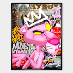Obraz na płótnie „Pink Power Supreme” z Różową Panterą w stylu pop-art i graffiti w czarnej ramie, w limitowanej edycji 84 sztuki