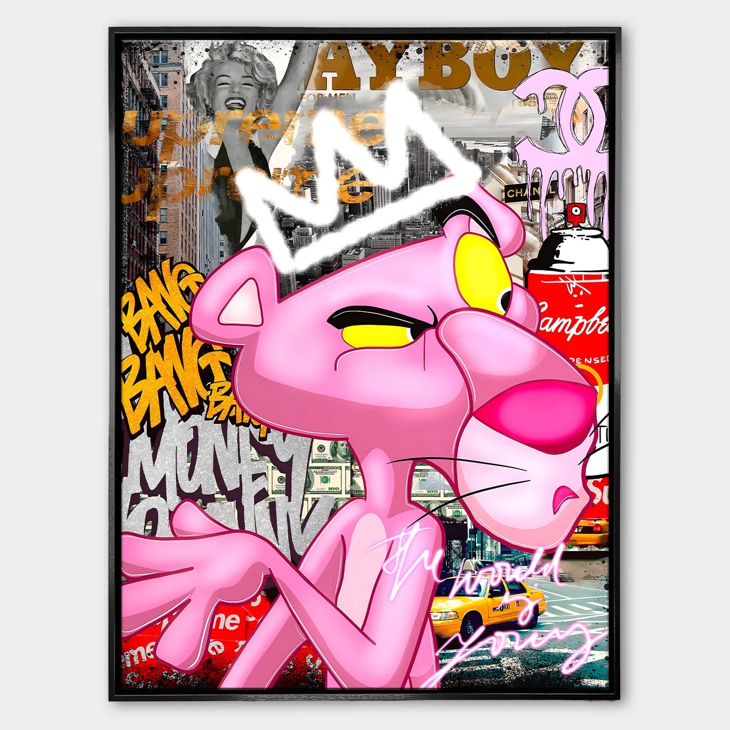 Obraz na płótnie „Pink Power Supreme” z Różową Panterą w stylu pop-art i graffiti w czarnej ramie, w limitowanej edycji 84 sztuki