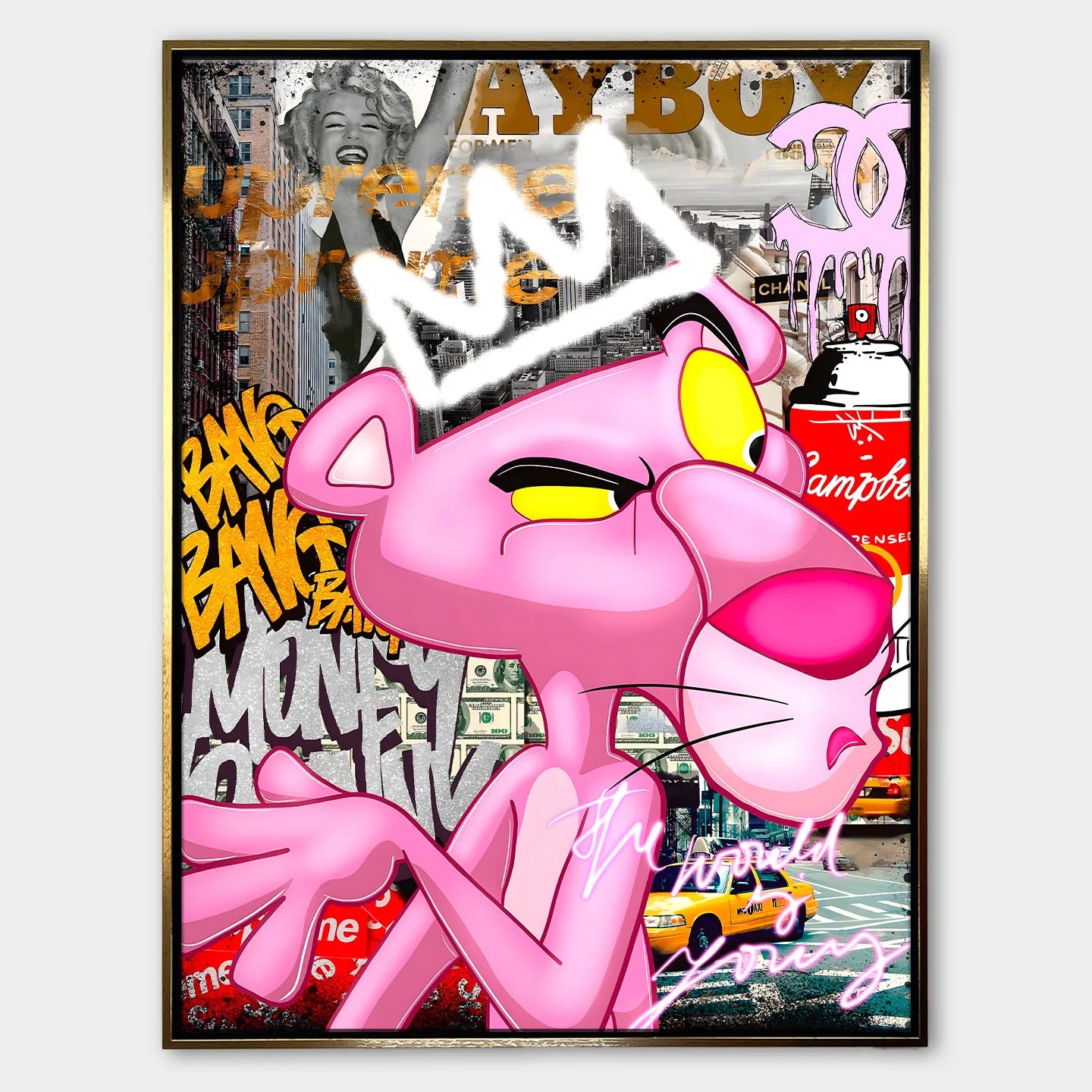 Obraz na płótnie „Pink Power Supreme” z Różową Panterą w stylu pop-art i graffiti w złotej ramie, w limitowanej edycji 84 sztuki