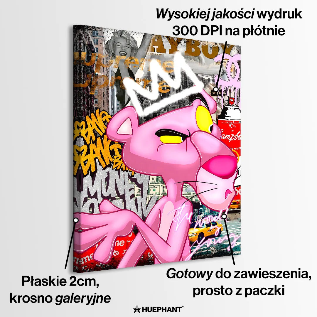 Obraz na płótnie „Pink Power Supreme” z Różową Panterą w stylu pop-art i graffiti, w limitowanej edycji 84 sztuki