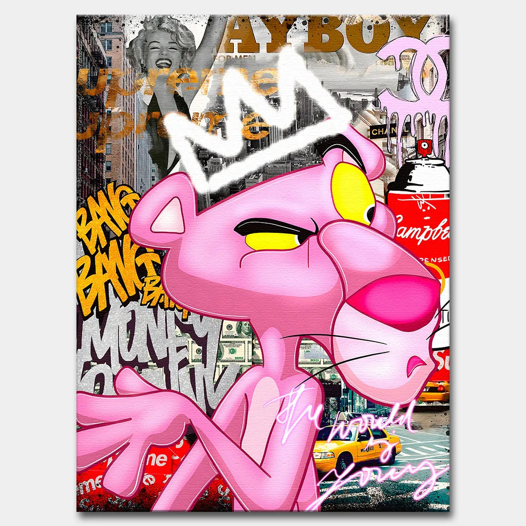 Obraz na płótnie „Pink Power Supreme” z Różową Panterą w stylu pop-art i graffiti, w limitowanej edycji 84 sztuki