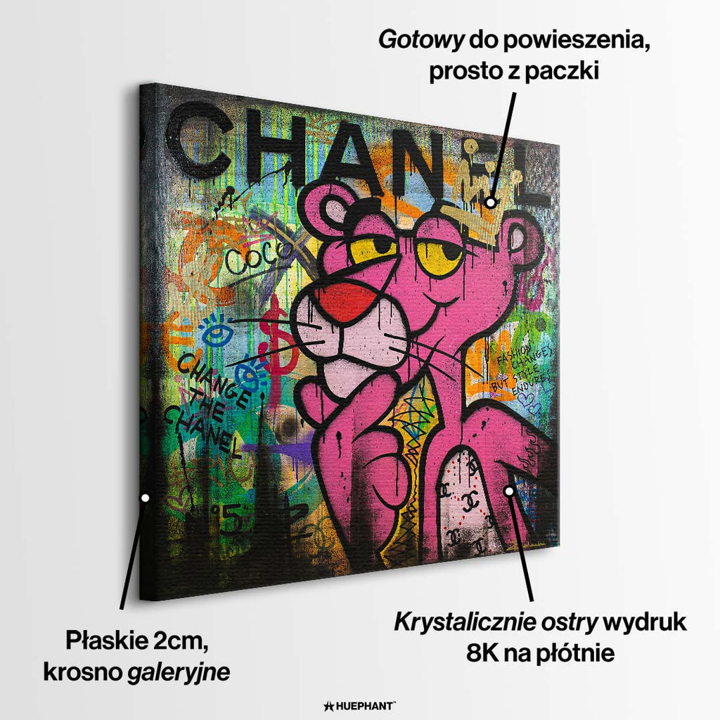 Obraz na płótnie pop art przedstawiający różową postać w koronie na tle kolorowego graffiti, sztuka nowoczesna, wydruk galeryjny.