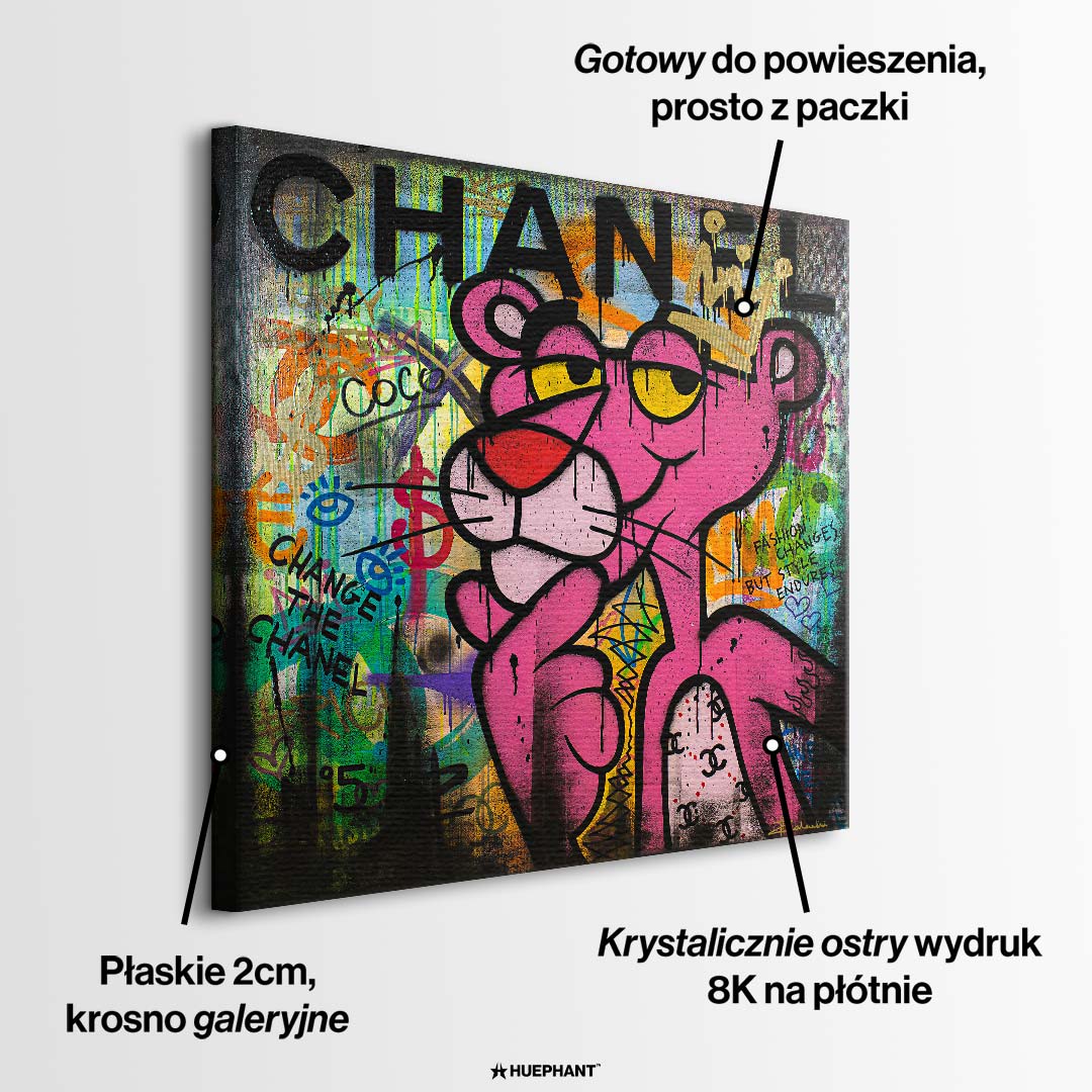 Obraz na płótnie pop art przedstawiający różową postać w koronie na tle kolorowego graffiti, sztuka nowoczesna, wydruk galeryjny.