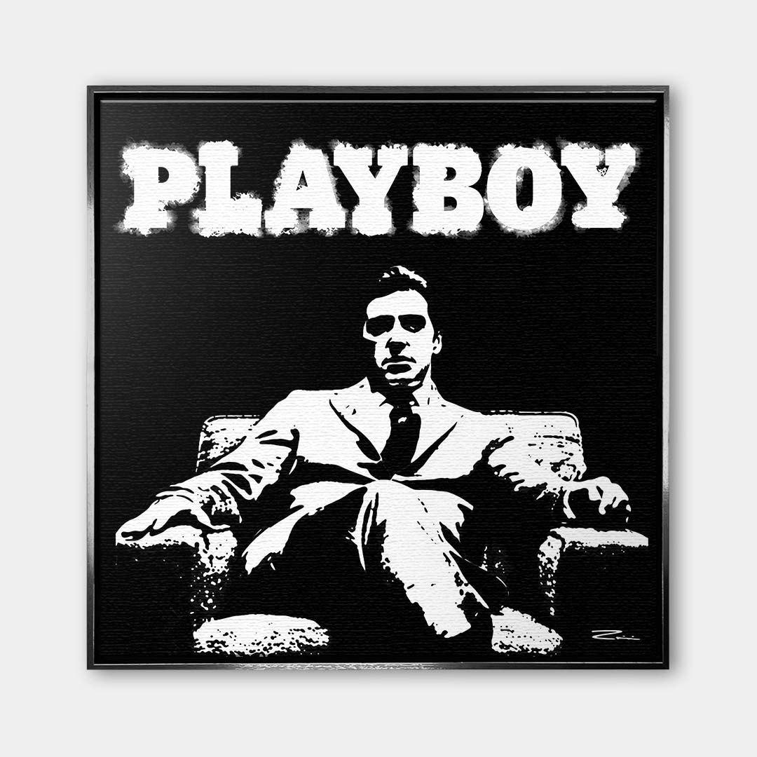 Nowoczesny czarno-biały obraz na płótnie przedstawiający Michaela Corleone z filmu Ojciec Chrzestny pod napisem Playboy. Wydruk galeryjny pop-art.