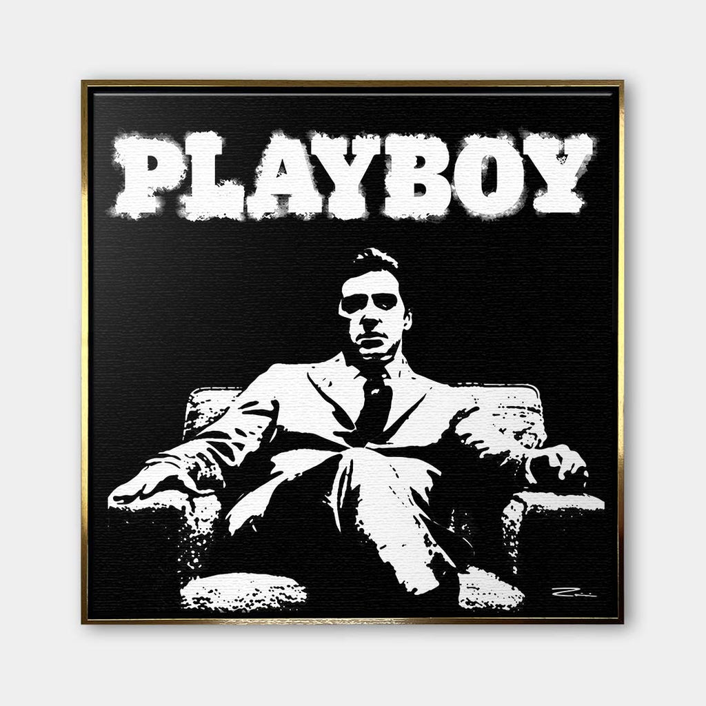Nowoczesny czarno-biały obraz na płótnie przedstawiający Michaela Corleone z filmu Ojciec Chrzestny pod napisem Playboy. Wydruk galeryjny pop-art.