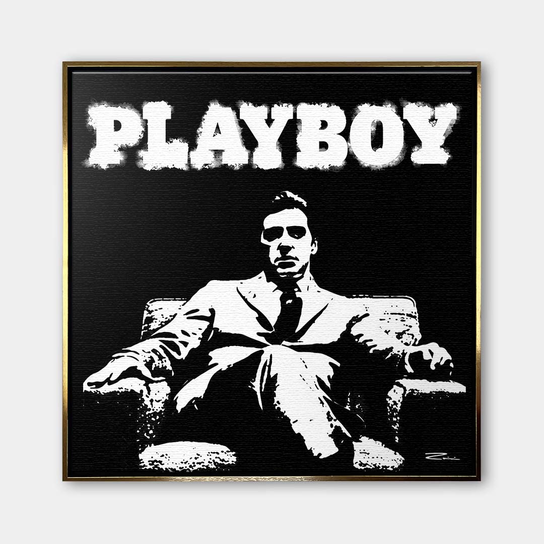 Nowoczesny czarno-biały obraz na płótnie przedstawiający Michaela Corleone z filmu Ojciec Chrzestny pod napisem Playboy. Wydruk galeryjny pop-art.