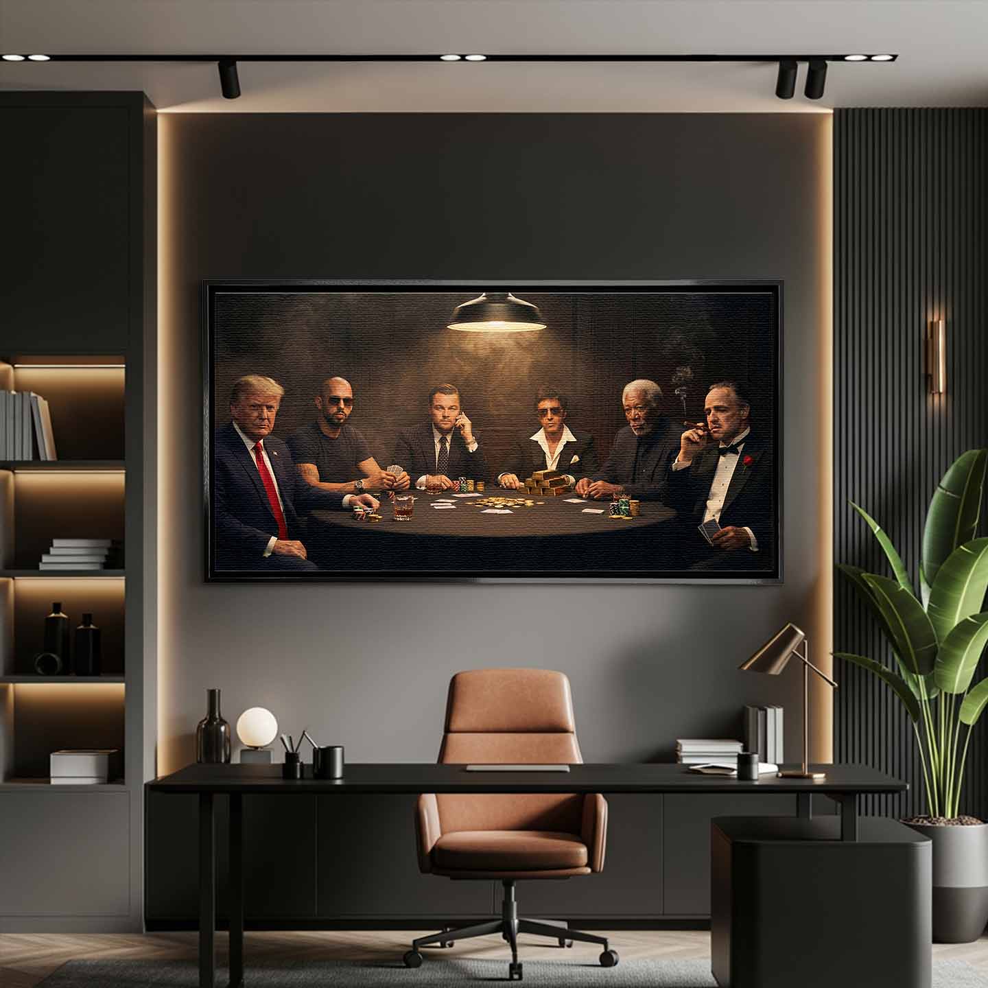 Obraz "Poker Deal" na płótnie przedstawiający sławne postacie grające w pokera: Donald Trump, Andrew Tate, Leonardo DiCaprio (Wilk z Wall Street), Al Pacino (Scarface), Morgan Freeman i Marlon Brando (Ojciec Chrzestny) przy stole pełnym złota i żetonów.