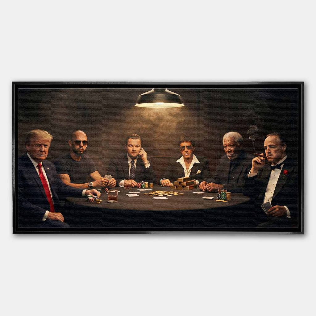 Obraz "Poker Deal" na płótnie przedstawiający sławne postacie grające w pokera: Donald Trump, Andrew Tate, Leonardo DiCaprio (Wilk z Wall Street), Al Pacino (Scarface), Morgan Freeman i Marlon Brando (Ojciec Chrzestny) przy stole pełnym złota i żetonów.