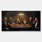 Obraz "Poker Deal" na płótnie przedstawiający sławne postacie grające w pokera: Donald Trump, Andrew Tate, Leonardo DiCaprio (Wilk z Wall Street), Al Pacino (Scarface), Morgan Freeman i Marlon Brando (Ojciec Chrzestny) przy stole pełnym złota i żetonów.