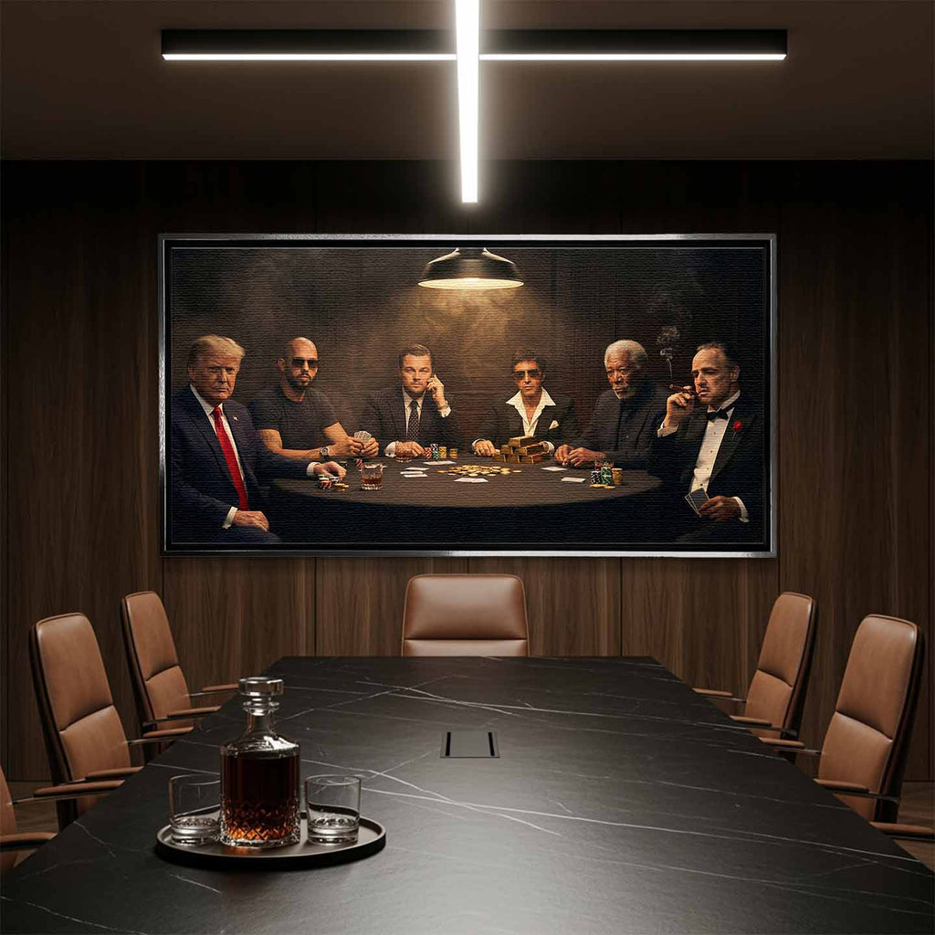 Obraz "Poker Deal" na płótnie przedstawiający sławne postacie grające w pokera: Donald Trump, Andrew Tate, Leonardo DiCaprio (Wilk z Wall Street), Al Pacino (Scarface), Morgan Freeman i Marlon Brando (Ojciec Chrzestny) przy stole pełnym złota i żetonów.