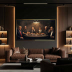 Obraz "Poker Deal" na płótnie przedstawiający sławne postacie grające w pokera: Donald Trump, Andrew Tate, Leonardo DiCaprio (Wilk z Wall Street), Al Pacino (Scarface), Morgan Freeman i Marlon Brando (Ojciec Chrzestny) przy stole pełnym złota i żetonów.