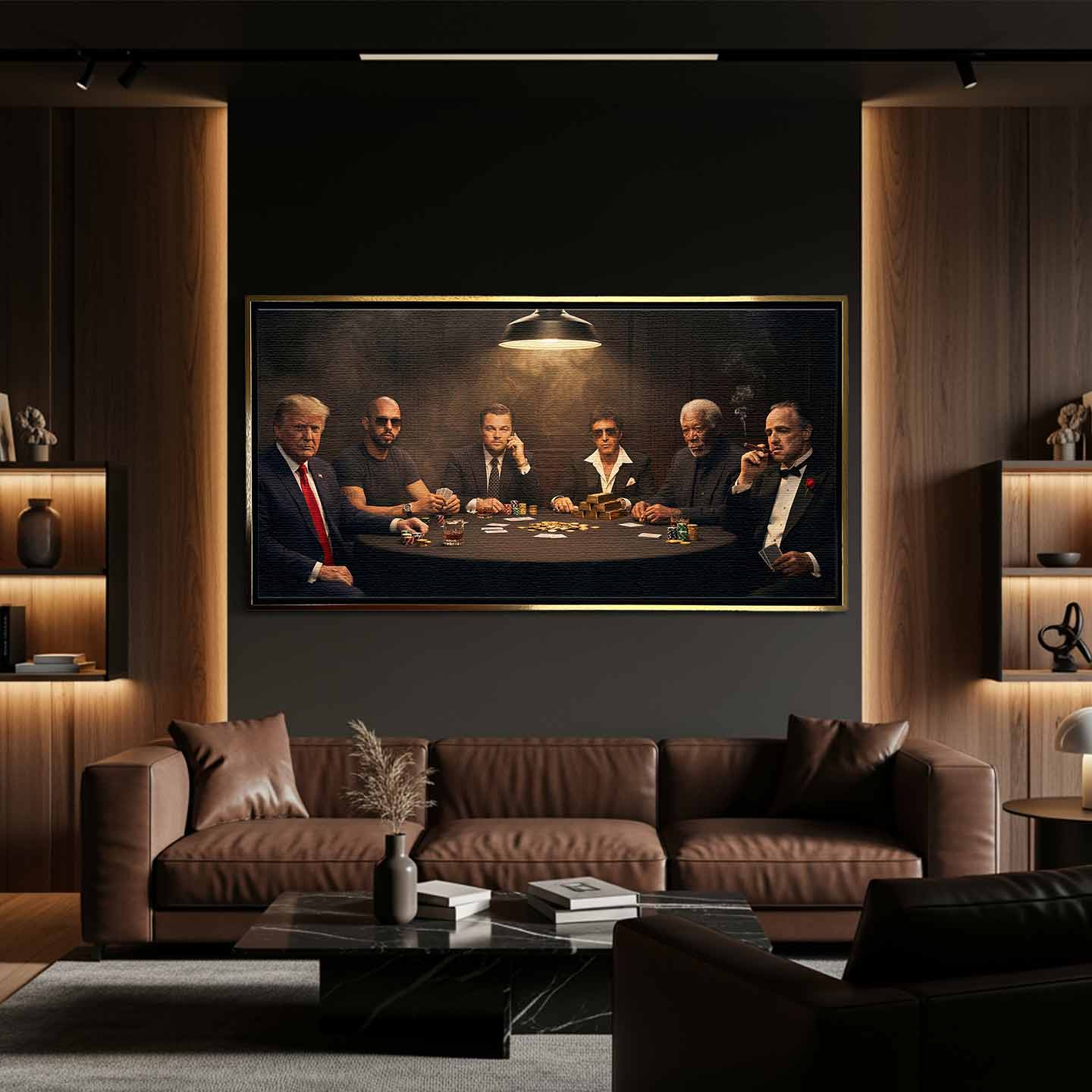 Obraz "Poker Deal" na płótnie przedstawiający sławne postacie grające w pokera: Donald Trump, Andrew Tate, Leonardo DiCaprio (Wilk z Wall Street), Al Pacino (Scarface), Morgan Freeman i Marlon Brando (Ojciec Chrzestny) przy stole pełnym złota i żetonów.