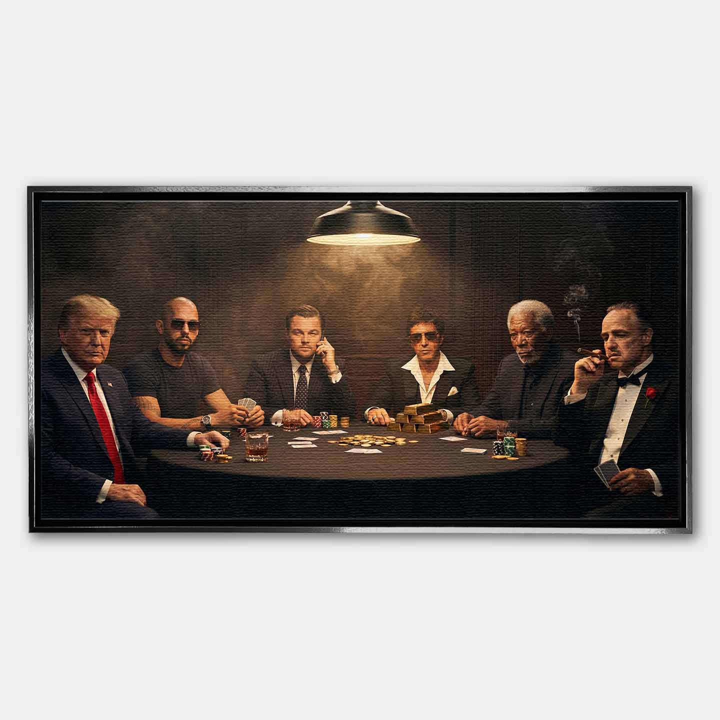 Obraz "Poker Deal" na płótnie przedstawiający sławne postacie grające w pokera: Donald Trump, Andrew Tate, Leonardo DiCaprio (Wilk z Wall Street), Al Pacino (Scarface), Morgan Freeman i Marlon Brando (Ojciec Chrzestny) przy stole pełnym złota i żetonów.