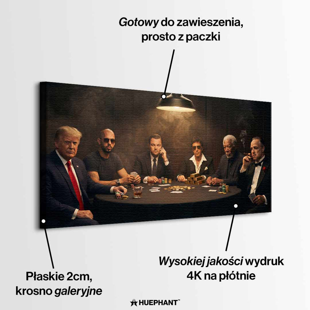 Obraz "Poker Deal" na płótnie przedstawiający sławne postacie grające w pokera: Donald Trump, Andrew Tate, Leonardo DiCaprio (Wilk z Wall Street), Al Pacino (Scarface), Morgan Freeman i Marlon Brando (Ojciec Chrzestny) przy stole pełnym złota i żetonów.