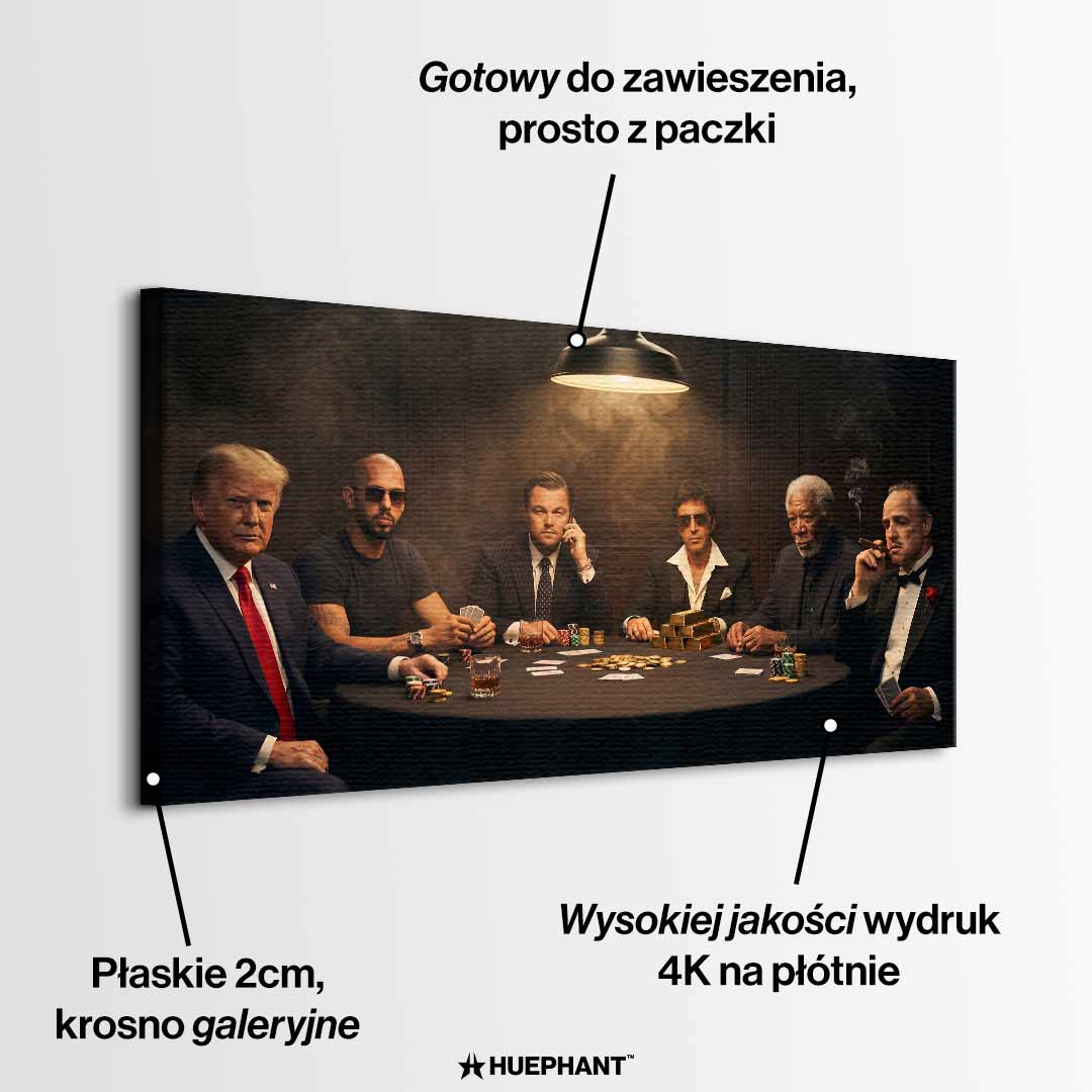 Obraz "Poker Deal" na płótnie przedstawiający sławne postacie grające w pokera: Donald Trump, Andrew Tate, Leonardo DiCaprio (Wilk z Wall Street), Al Pacino (Scarface), Morgan Freeman i Marlon Brando (Ojciec Chrzestny) przy stole pełnym złota i żetonów.