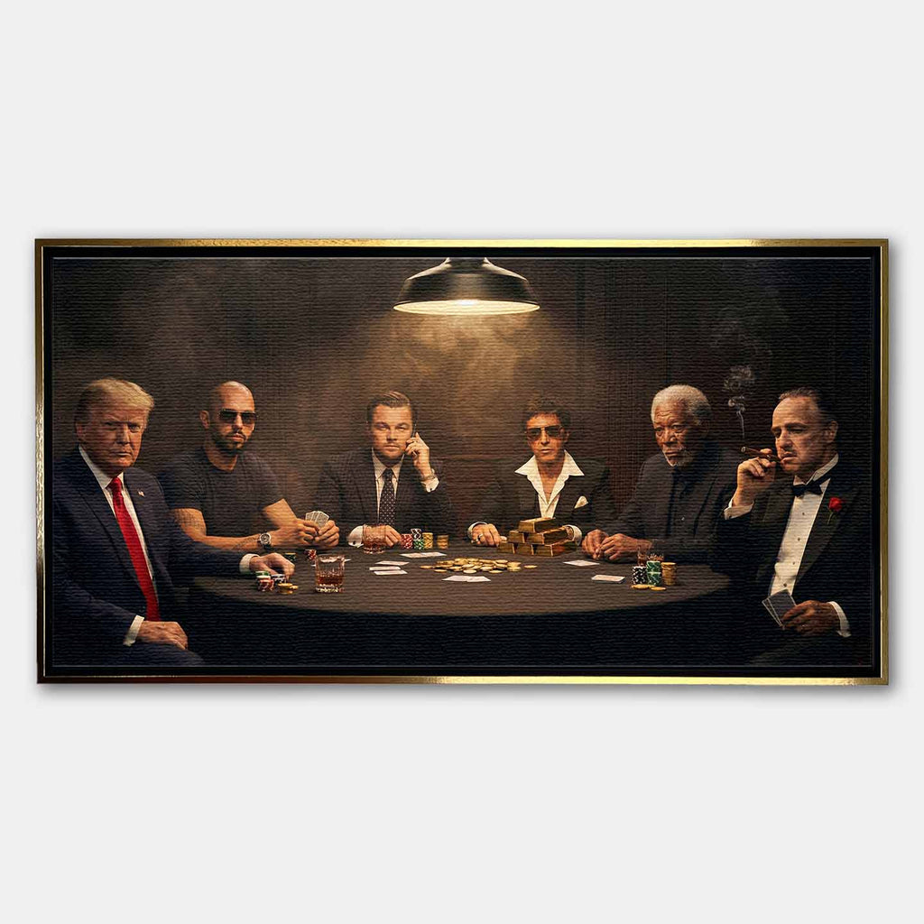 Obraz "Poker Deal" na płótnie przedstawiający sławne postacie grające w pokera: Donald Trump, Andrew Tate, Leonardo DiCaprio (Wilk z Wall Street), Al Pacino (Scarface), Morgan Freeman i Marlon Brando (Ojciec Chrzestny) przy stole pełnym złota i żetonów.